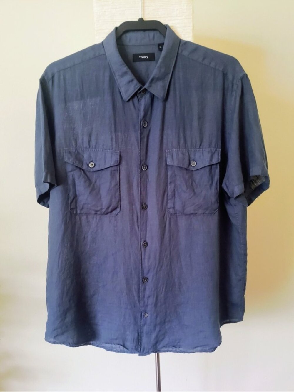 Theory Men’s Navy Blue 100% Linen Short-Sleeve Button-Down Shirt, XL
